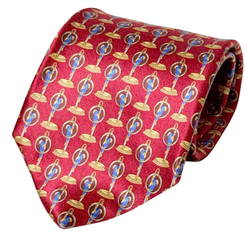 Faberge #23 Silk Luxury Tie Rich Red w Repeating Blue Parrot on Gold Stand 58"